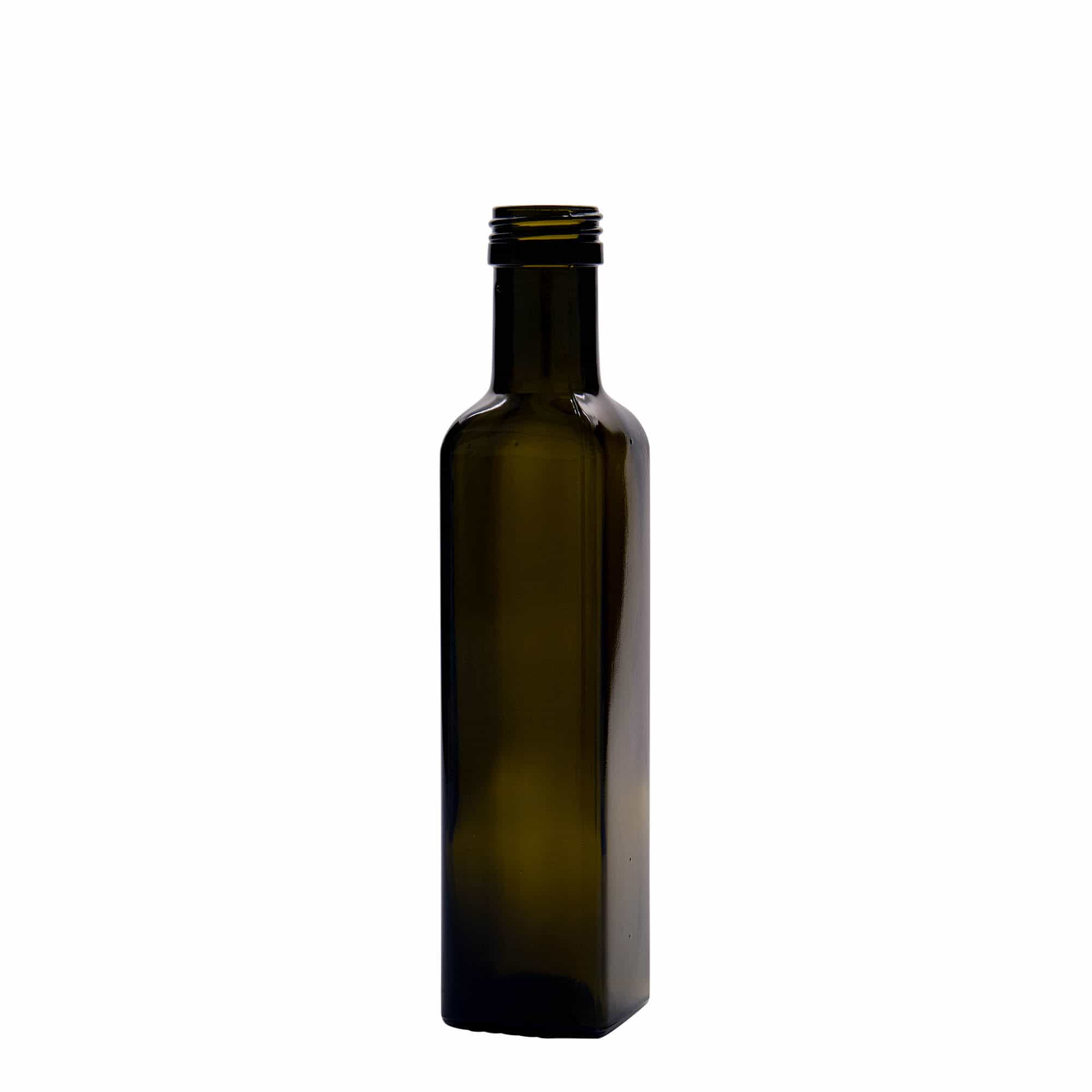 250 ml Glasflasche „Marasca“, quadratisch, antikgrün, Mündung: PP 31,5 250 ml Glasflasche „Marasca“, quadratisch, antikgrün, Mündung: PP 31,5