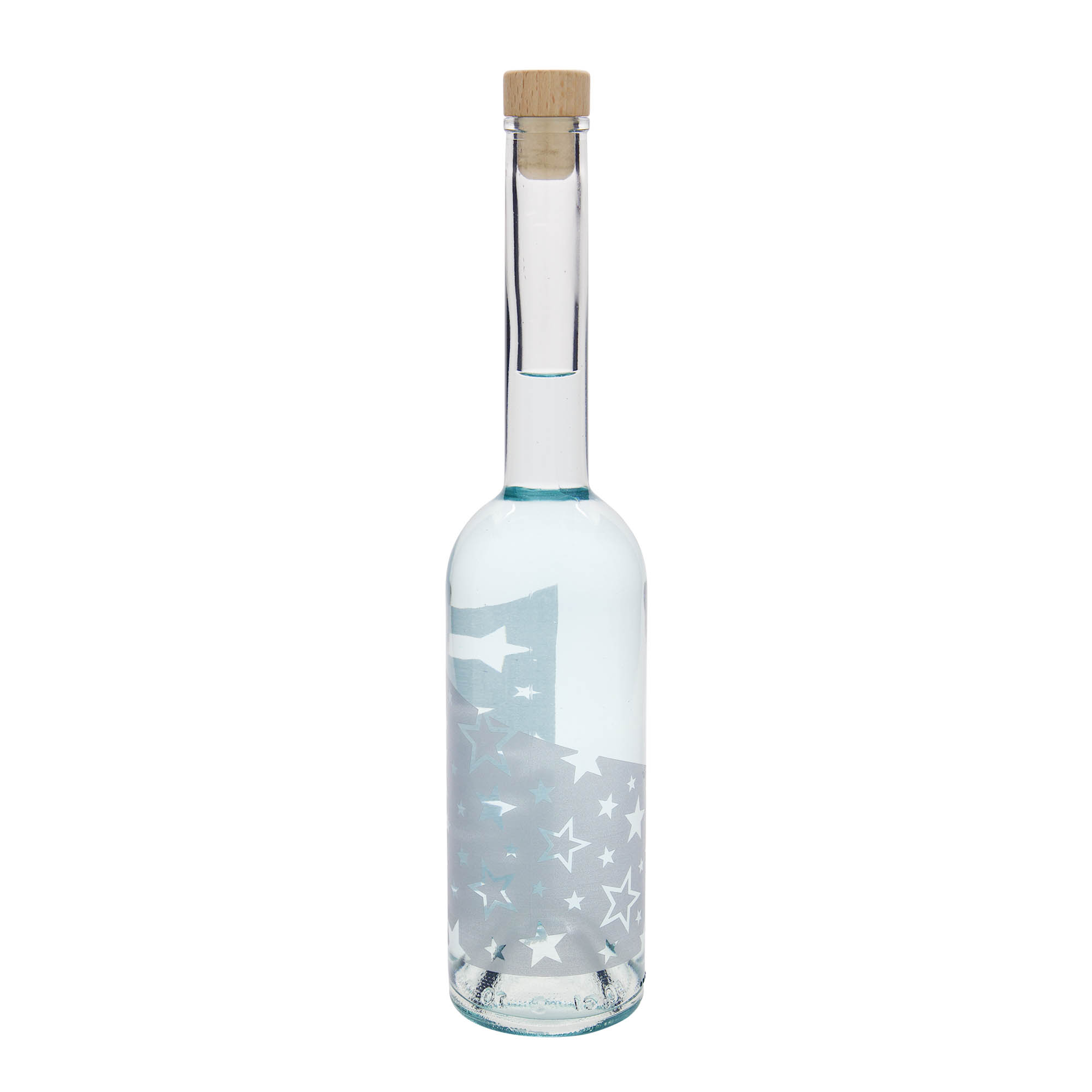 500 ml Glasflasche 'Opera', Motiv: Silbersterne, Mündung: Kork