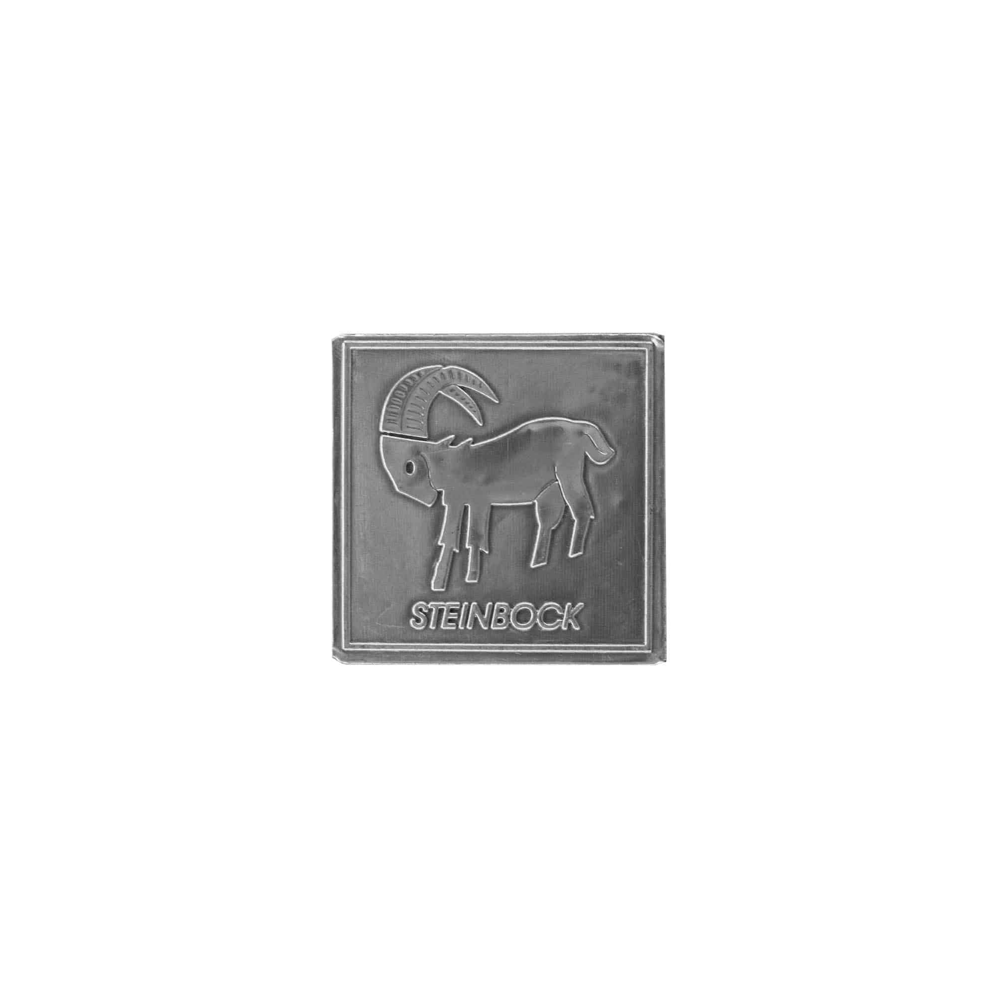 Zinnetikett „Steinbock“, quadratisch, Metall, silber