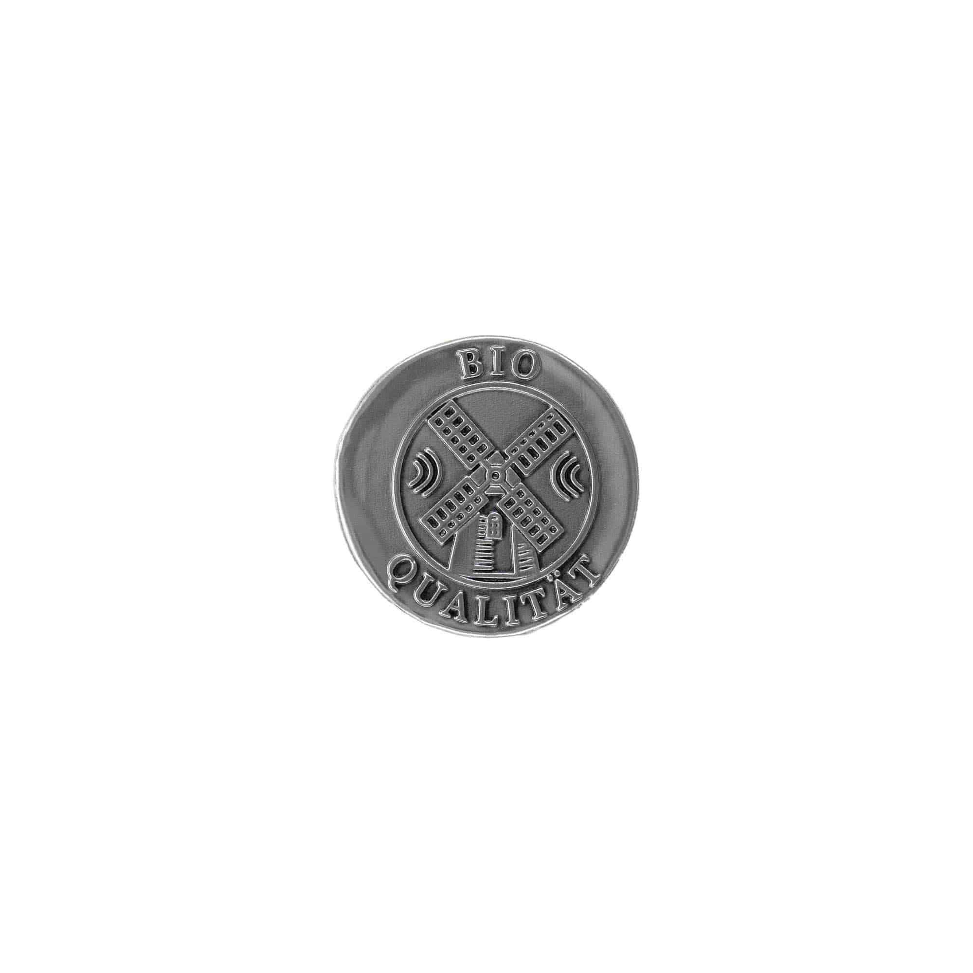 Zinnetikett „Bio Qualität“, rund, Metall, silber