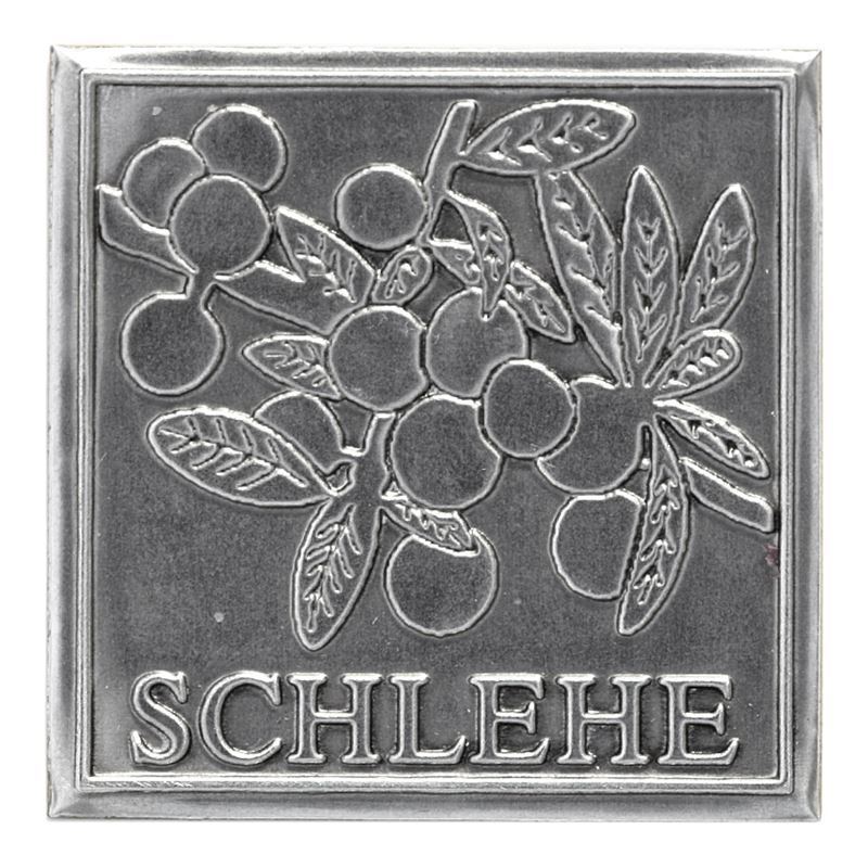 Zinnetikett 'Schlehe', quadratisch, Metall, silber Zinnetikett 'Schlehe', quadratisch, Metall, silber