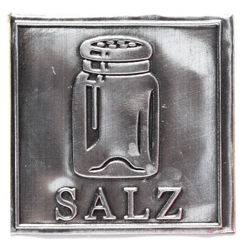 Zinnetikett „Salz“, quadratisch, Metall, silber
