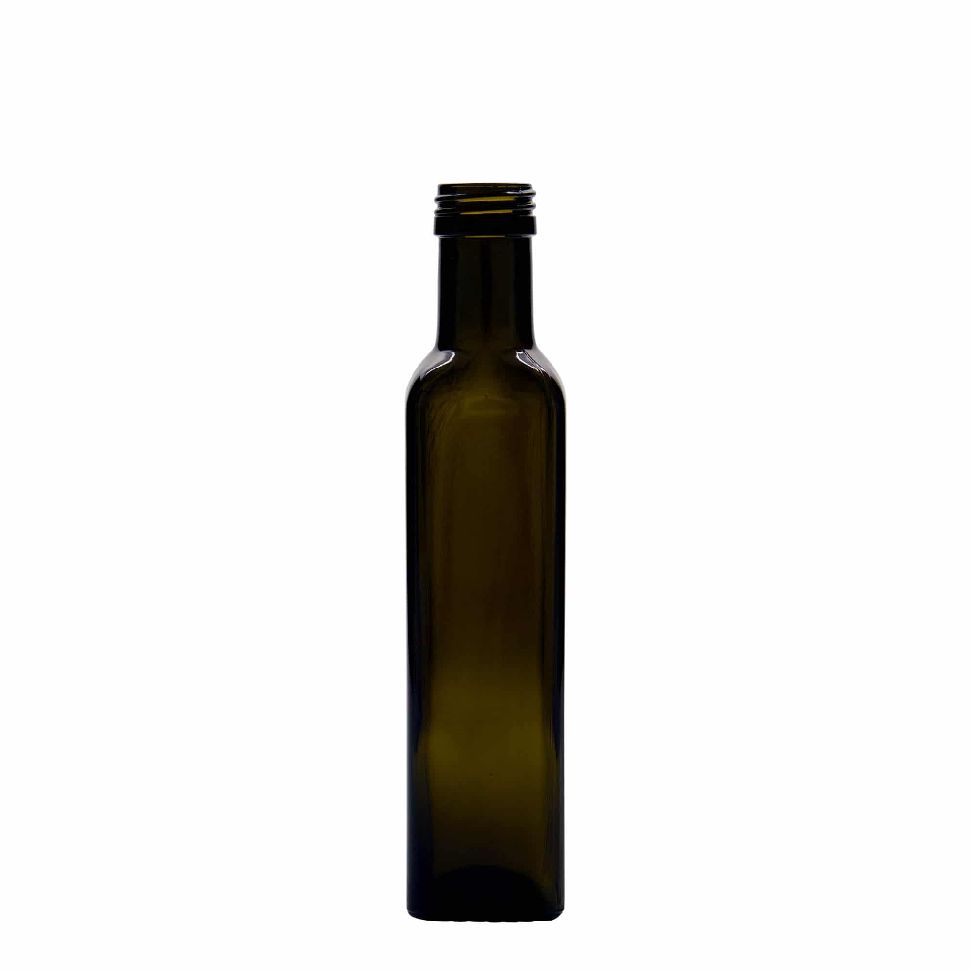 250 ml Glasflasche „Marasca“, quadratisch, antikgrün, Mündung: PP 31,5 250 ml Glasflasche „Marasca“, quadratisch, antikgrün, Mündung: PP 31,5