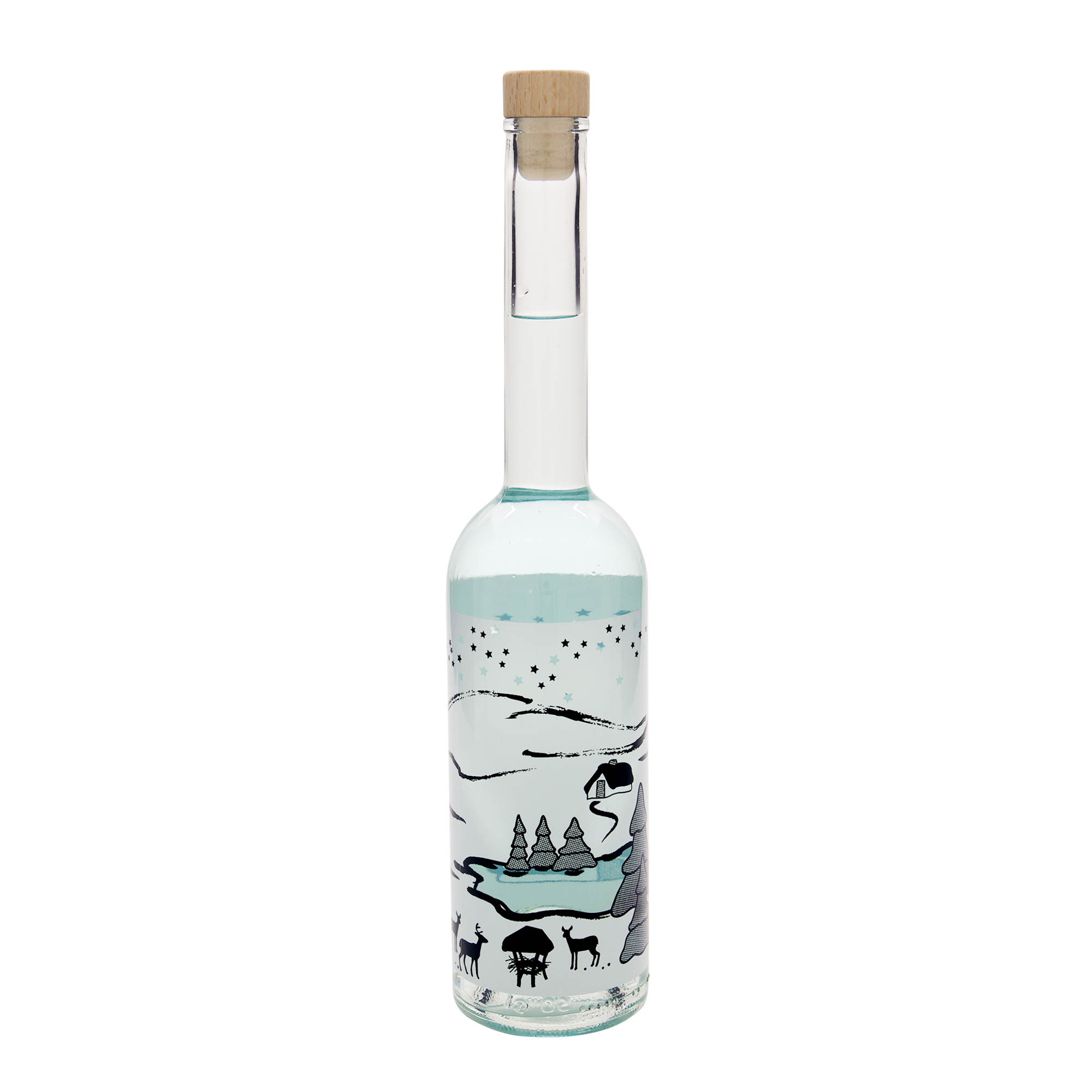 500 ml Glasflasche 'Opera', Motiv: Wintertraum-Bianco, Mündung: Kork 500 ml Glasflasche 'Opera', Motiv: Wintertraum-Bianco, Mündung: Kork