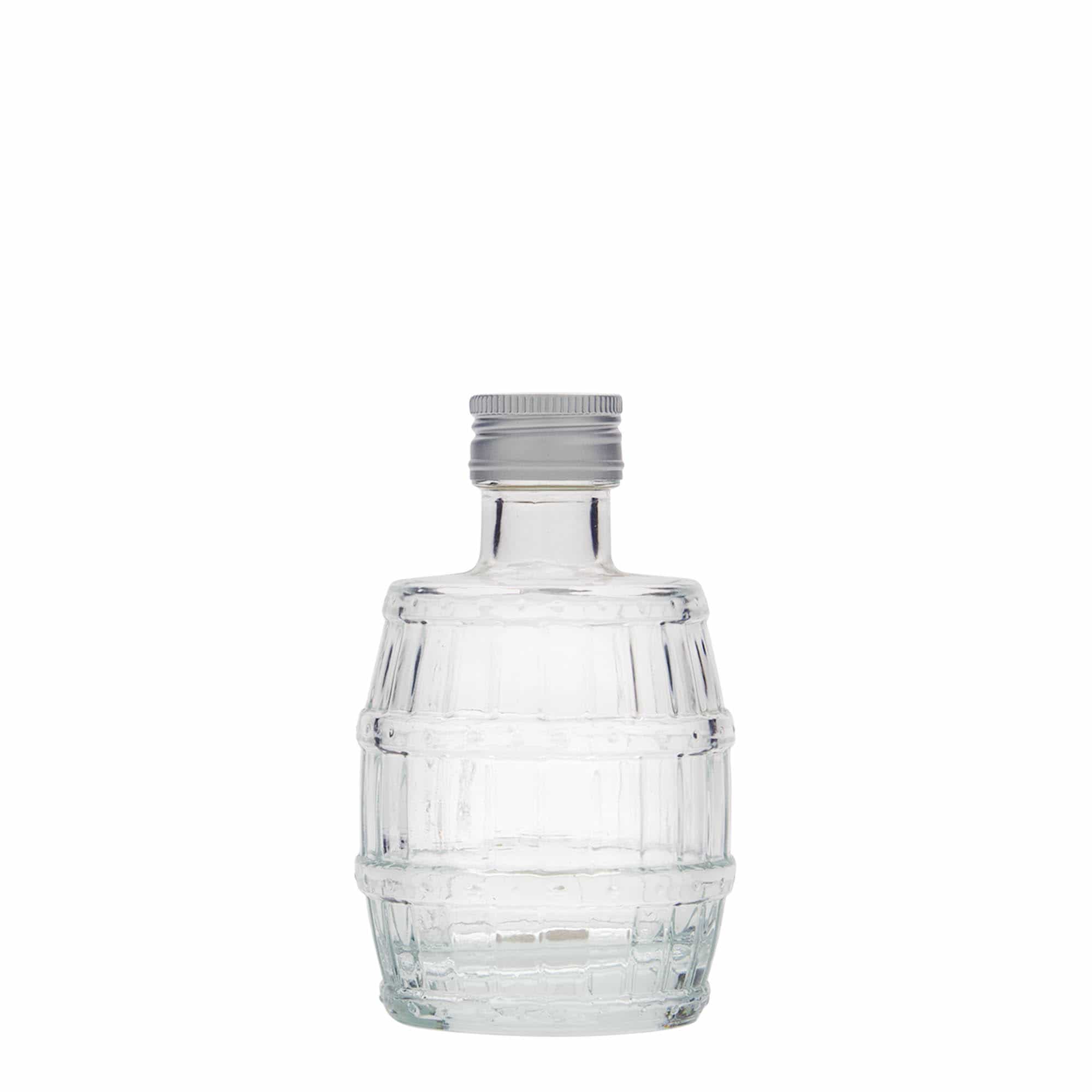 100 ml Glasflasche „Fass“, Mündung: PP 24