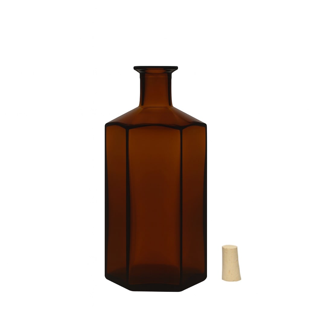500 ml Glasflasche Apotheker 'Jimmy', sechseckig, braun, Mündung: Kork