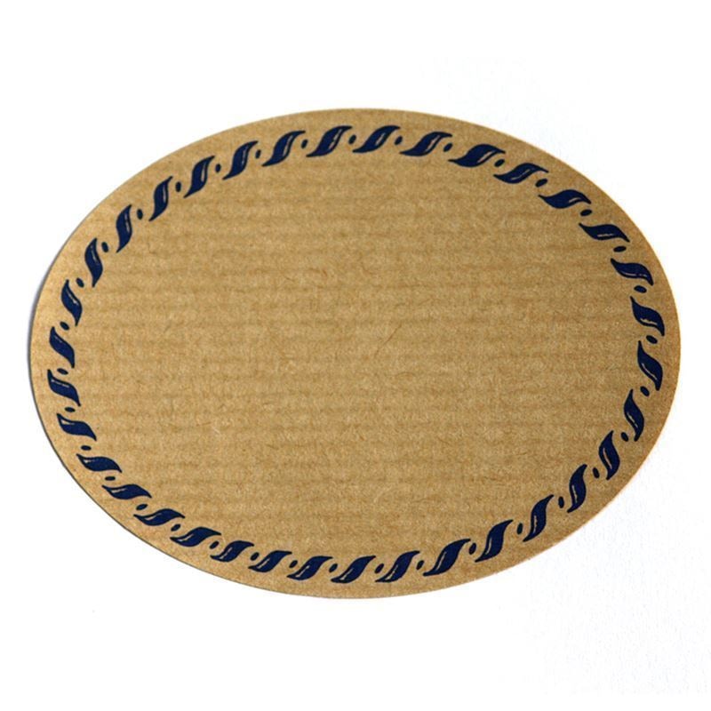 Großes Naturetikett „Kordelrand“, oval, Papier, blau-braun