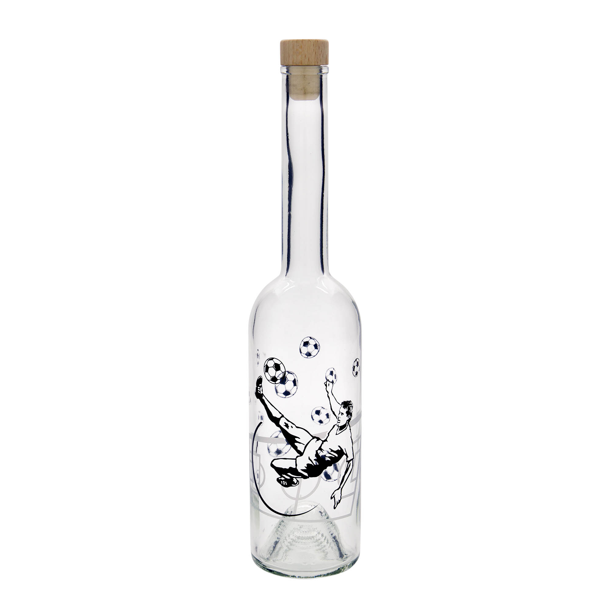 500 ml Glasflasche 'Opera', Motiv: Fußballspieler, Mündung: Kork 500 ml Glasflasche 'Opera', Motiv: Fußballspieler, Mündung: Kork