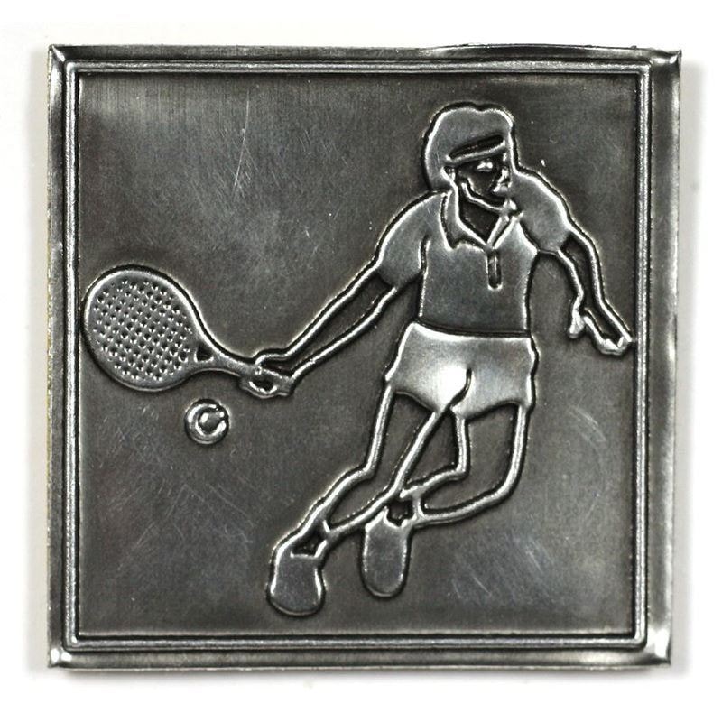 Zinnetikett „Tennis“, quadratisch, Metall, silber