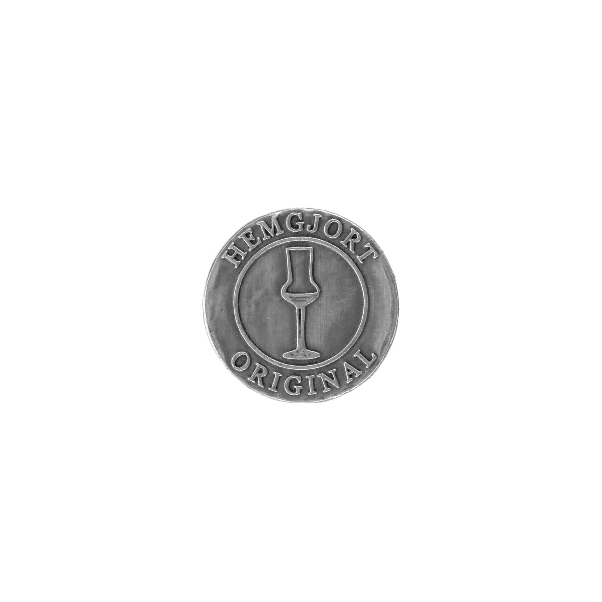 Zinnetikett 'Hemgjort Original', rund, Metall, silber Zinnetikett 'Hemgjort Original', rund, Metall, silber