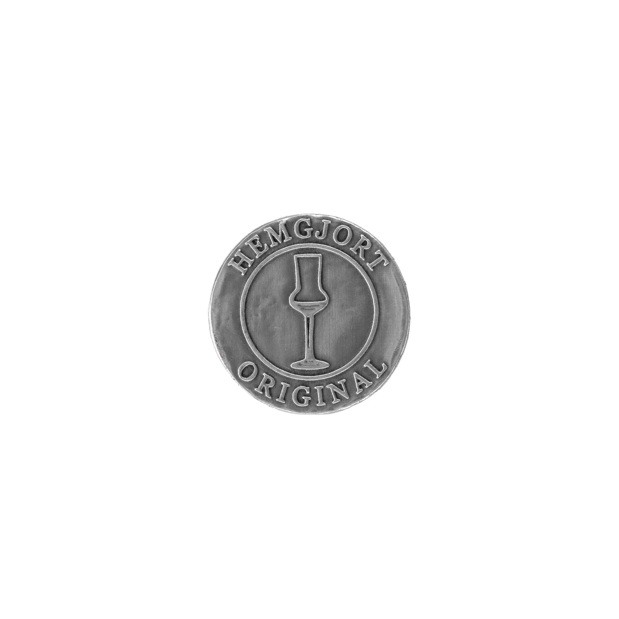 Zinnetikett „Hemgjort Original“, rund, Metall, silber