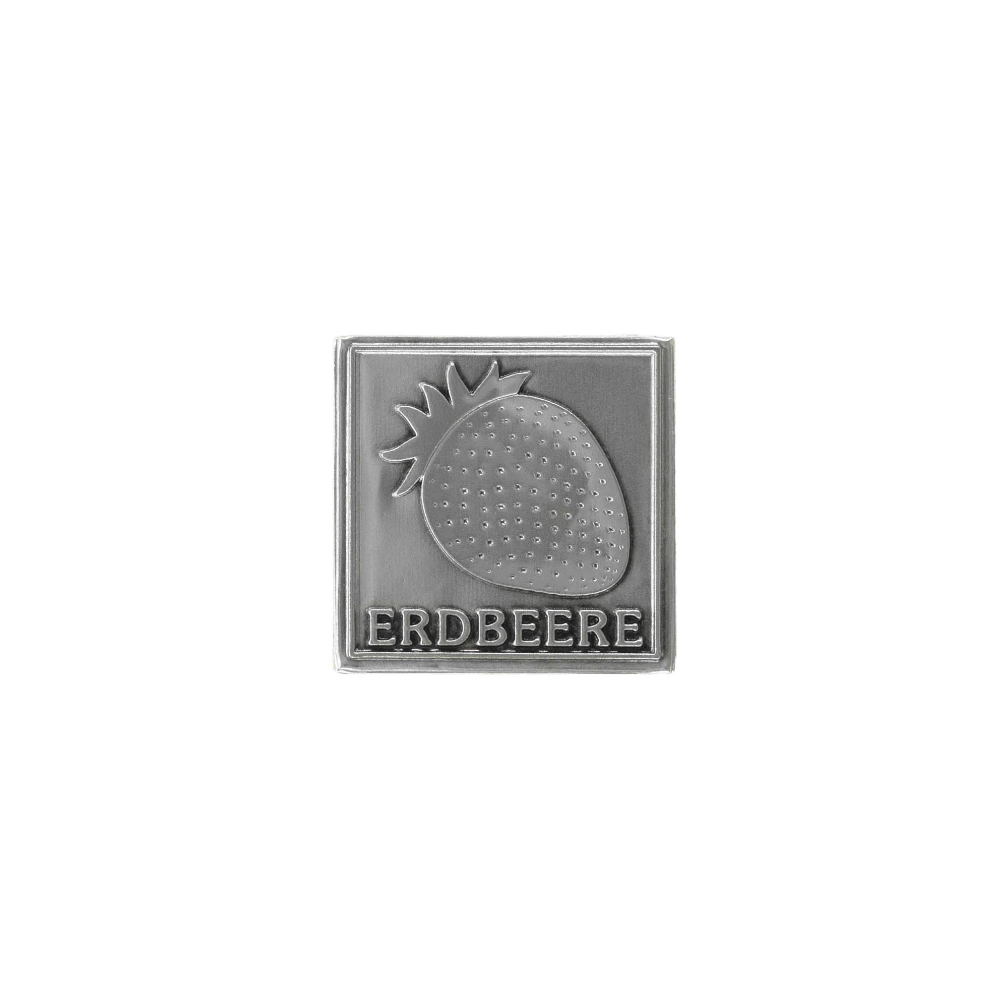 Zinnetikett „Erdbeere“, quadratisch, Metall, silber