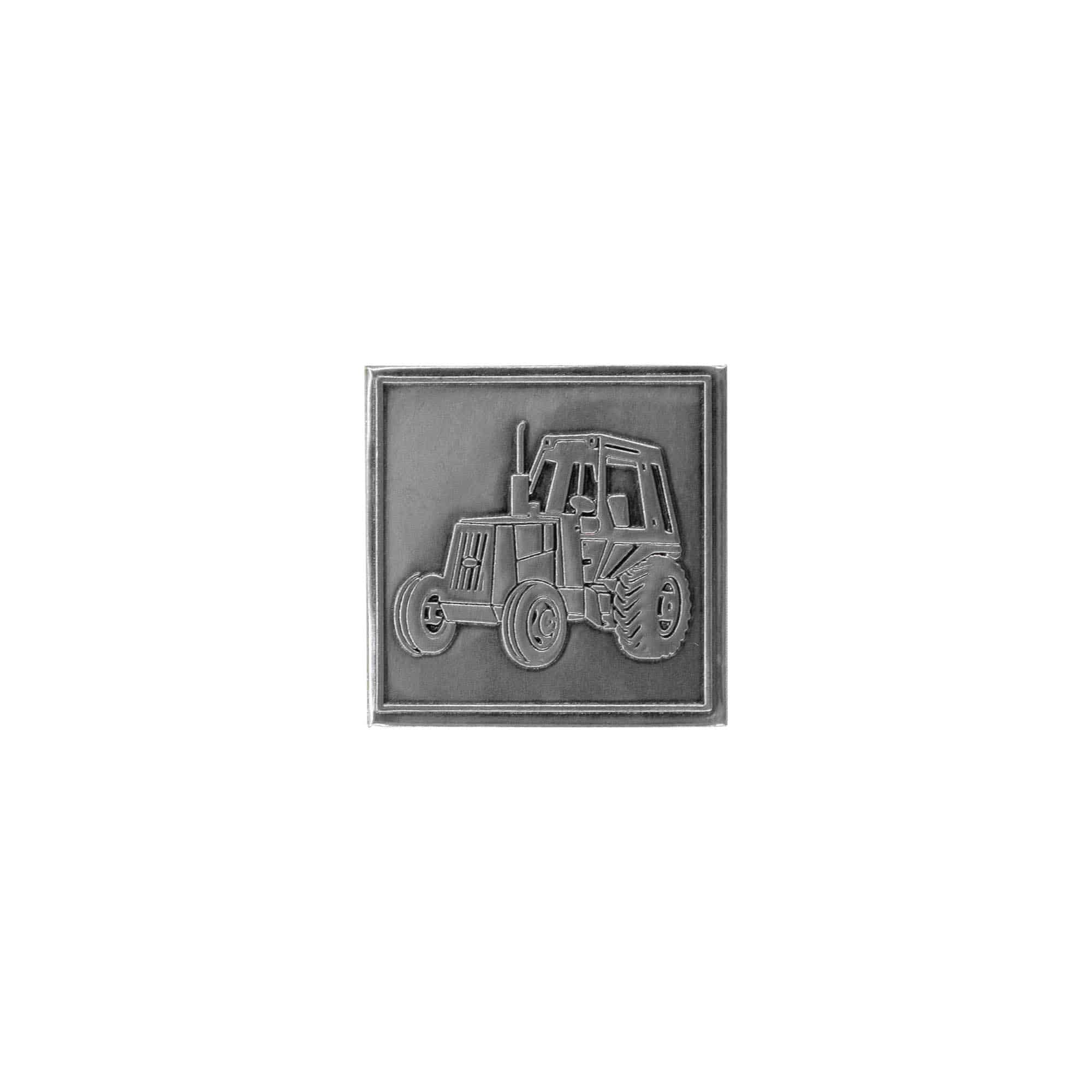 Zinnetikett „Traktor“, quadratisch, Metall, silber