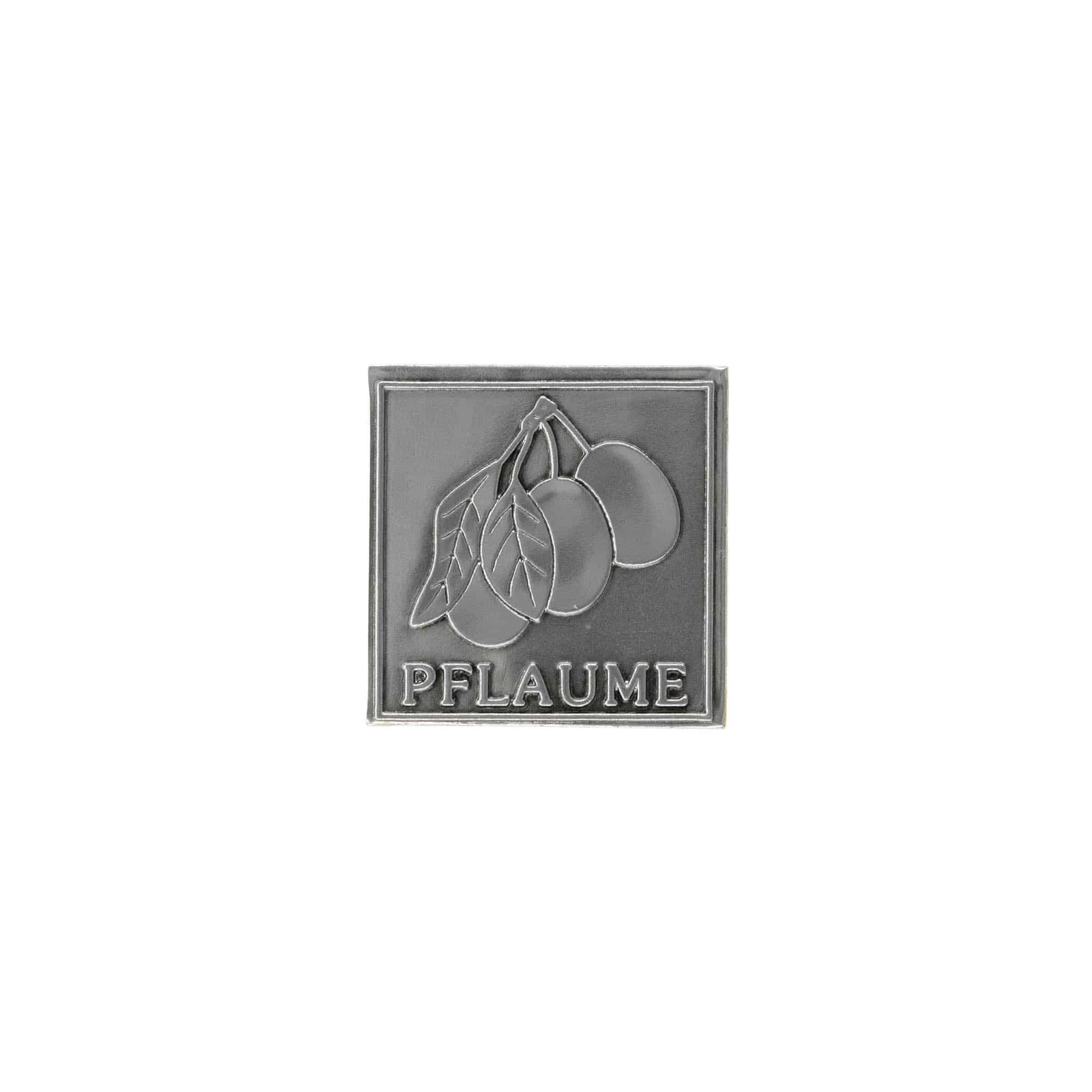 Zinnetikett „Pflaume“, quadratisch, Metall, silber