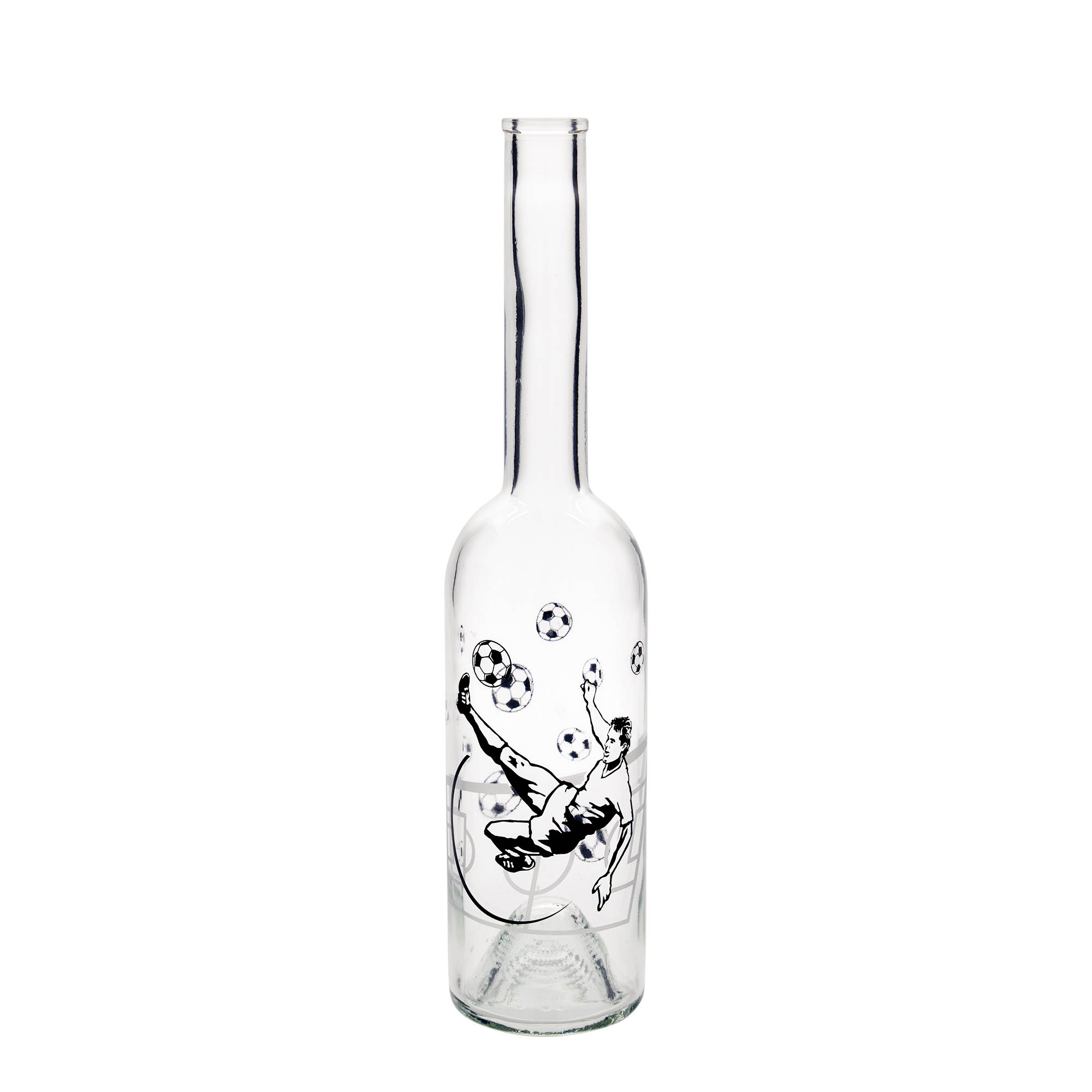 500 ml Glasflasche 'Opera', Motiv: Fußballspieler, Mündung: Kork 500 ml Glasflasche 'Opera', Motiv: Fußballspieler, Mündung: Kork